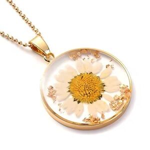 Handcrafted Dried Daisy Pendant Necklace Real Flower Resin Jewelry Gold Accent